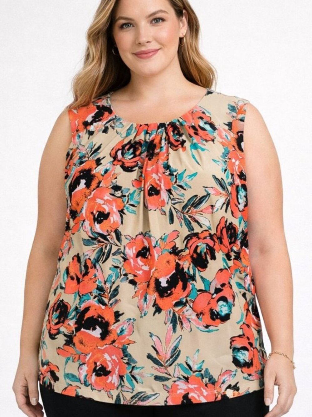 NEW Calvin Klein Womens Pleat Neck Top Jersey Stretch Multicolor Floral Plus 3X